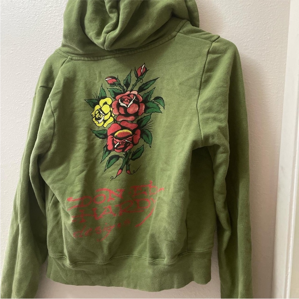 Ed Hardy Navy Green Y2K Vintage Red and Yellow Rose Hoodie Small Edgy Streetwear